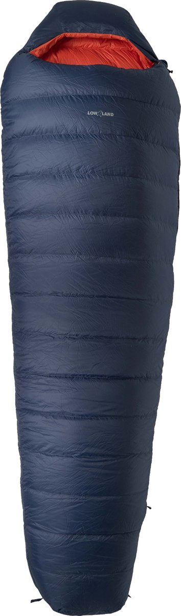 Lowland outdoor - kibo -5 - donzen mummy slaapzak -5°c - 1195 gr - 225x80 cm - navy blauw oranje