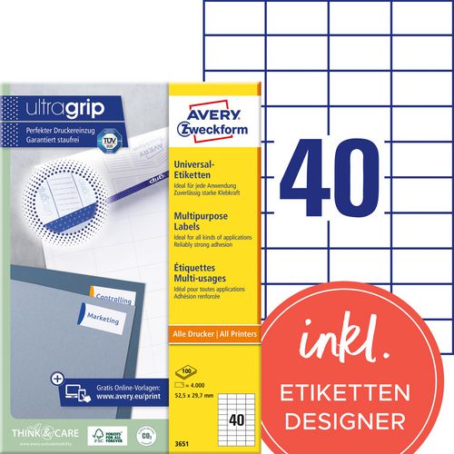 Avery multifunctionele etiketten quickpeel 4000 stuks wit