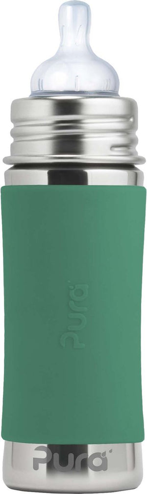 Pura speenfles 325 ml - plasticvrij - drinkfles - voorkomt maagkrampen - vaatwasserbestendig - inclusief siliconen speen, reisdop en sleeve - top is verwisselbaar - veelzijdig - mint