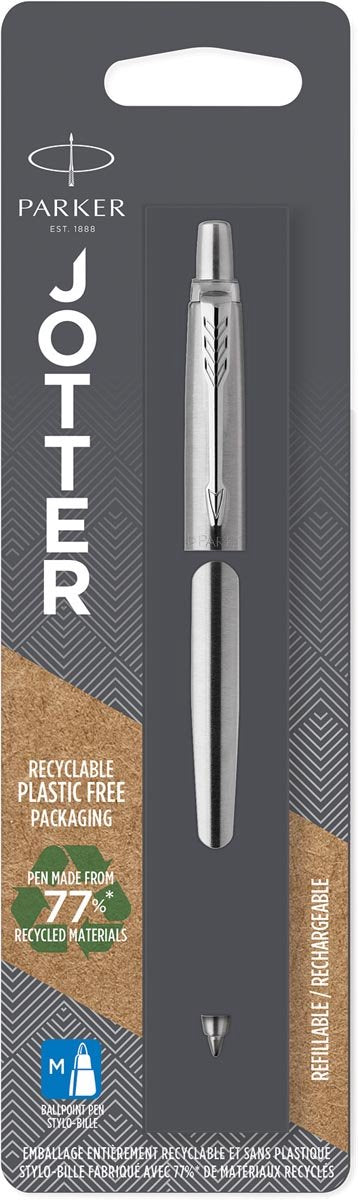 Parker jotter balpen | roestvrij staal met chroom afwerking | medium punt | blauwe inkt