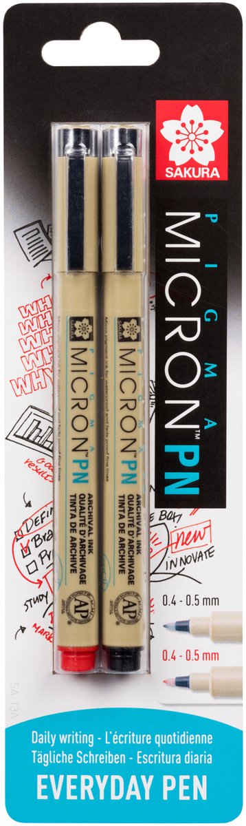 Sakura blisterkaart pigma micron pn zwart, rood, 2 stuks