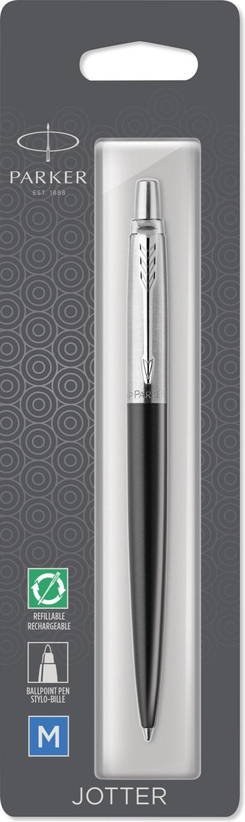 Parker jotter-balpen | bond street black met chromen rand | medium punt met blauwe inkt