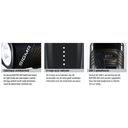 Sigma koplamp Buster 400 LED Li-ion accu USB