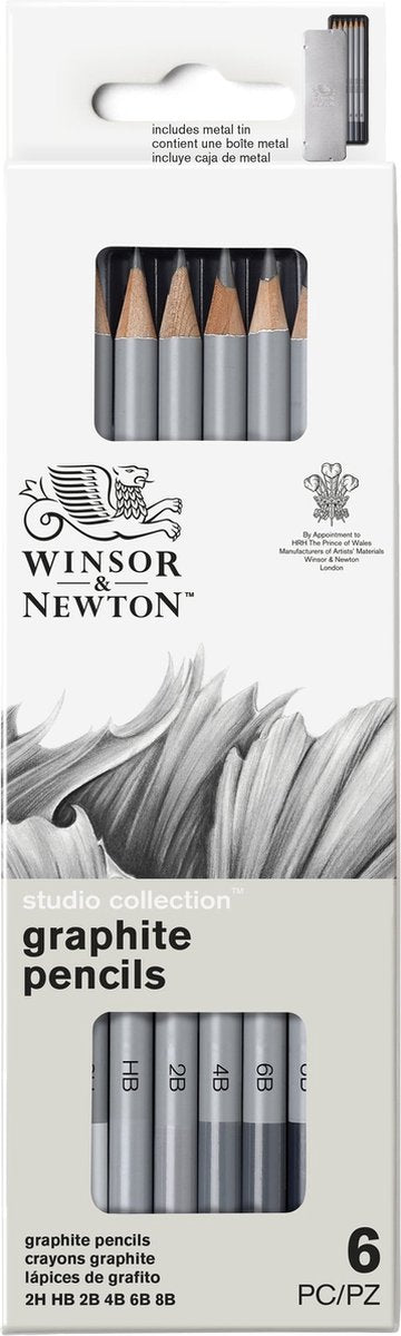 Winsor newton 0490006 grafietpotloden set x6 studio collection – schetspotloden tekenpotloden 2h-8b in metalen blik