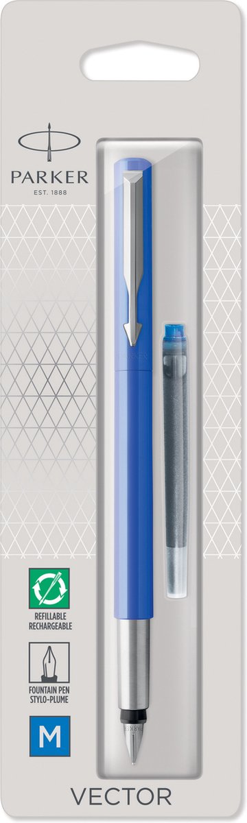Parker vector-vulpen | blauw met chrome afwerking | mediumpunt | blauwe inkt | hangtab