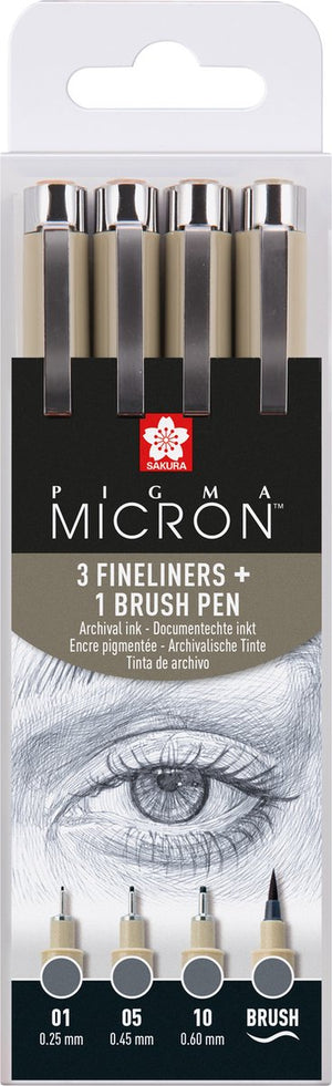 Sakura pigma micron fineliner set | 4 maten, koelgrijs