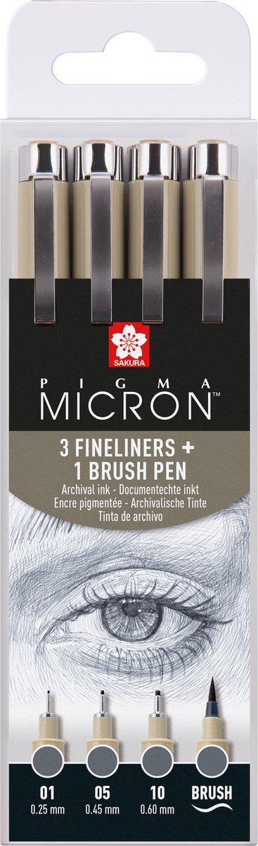Sakura pigma micron fineliner set | 4 maten, koelgrijs