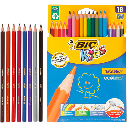 Bic evolution kleurpotloden, zeskantig, l: 17,5 cm, vulling 3 mm, diverse kleuren, 18 stuk 1 doos