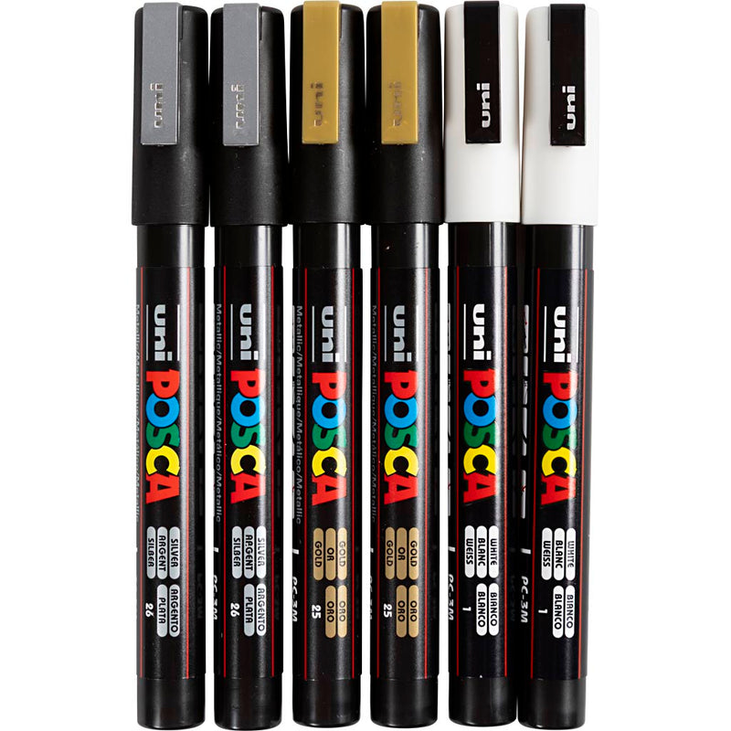 Load image into Gallery viewer, Https: www.cchobby.nl posca-marker-afm-pc-3m-lijndikte-0-9-1-3-mm-fijn-goud-zilver-wit-6-div-1-doos
