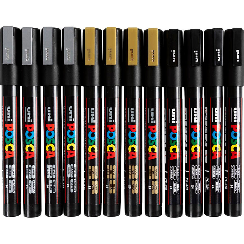 Load image into Gallery viewer, Https: www.cchobby.nl posca-marker-afm-pc-3m-lijndikte-0-9-1-3-mm-fijn-zwart-goud-zilver-12-div-1-doos
