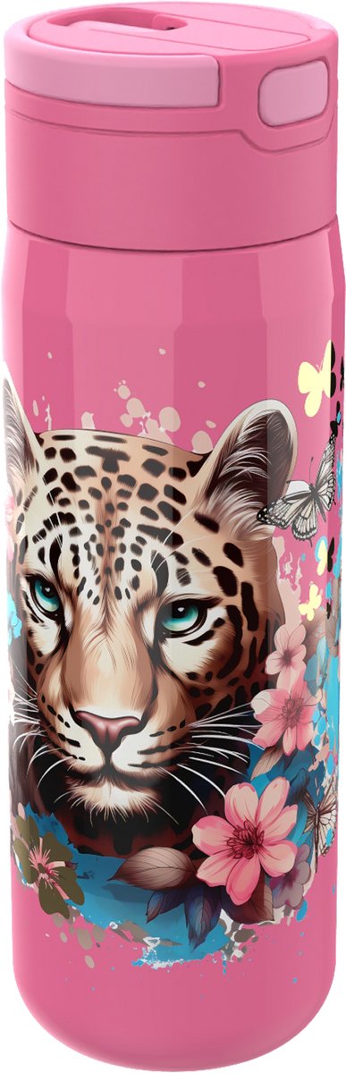 Lunch buddies luipaard - bloemen vlinders drinkfles – met drinkrietje – dubbelwandig – houdt 12u koud – roestvrij staal – 500 ml – sluit goed af – drinkfles voor kinderen – bpa-vrij – roze