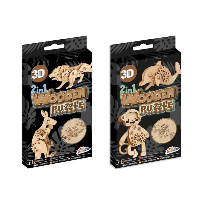 2-in-1 Houten Bouwpakket 3D Puzzel - Dolfijn en Aap