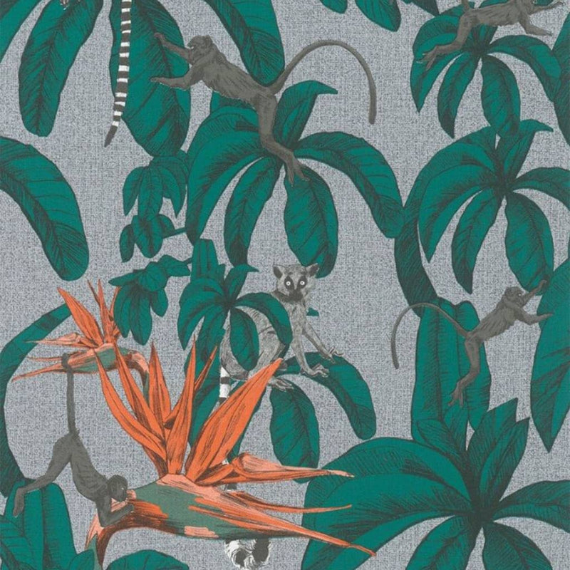 Load image into Gallery viewer, Noordwand behang topchic monkey jungle leaves groen en grijs
