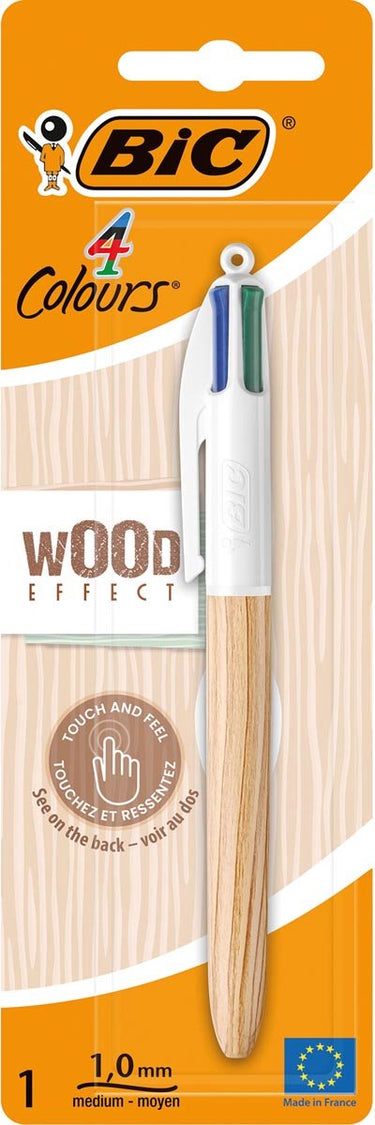 Bic colours wood style | 4-kleurenbalpen | medium | klassieke inktkleuren | op blister