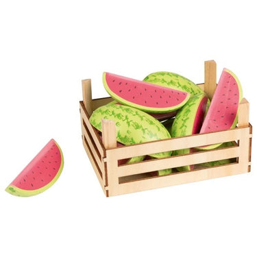 Meloenen in fruitkrat. 8,5 cm hoog. 3+.