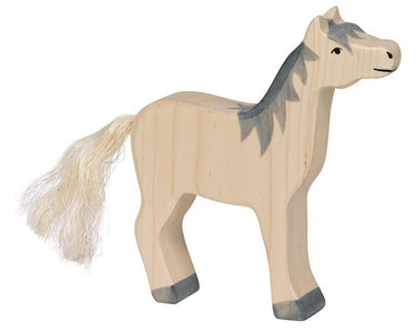 Holztiger paard, hoofd omhoog, grijze m