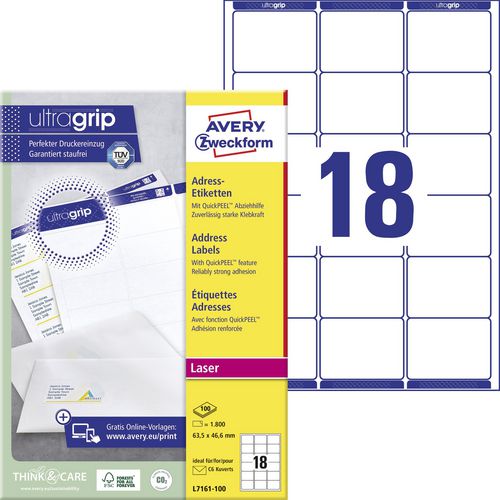 Avery gerecycleerde etiketten voor laserprinters quickpeel lr7161-100 63,5x46,6mm