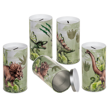 Metalen spaarpot, dinosaurus. 4 assortie