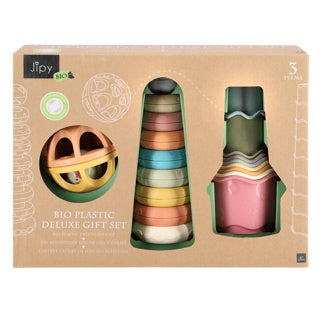 Load image into Gallery viewer, Jipy bioplastic deluxe giftset stapeltoren bad stapelbekertjes en speel ratelbal 3 delig
