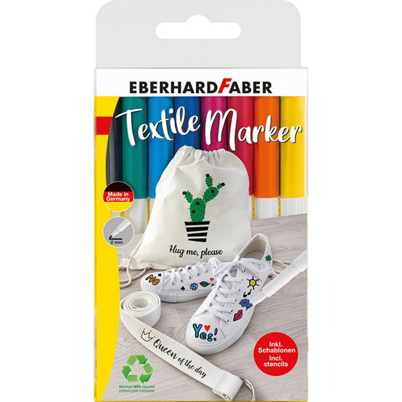 Load image into Gallery viewer, Eberhard faber textielmarker 8 stuks in etui + 4 stencils met sjablonen
