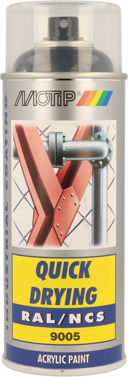 Afbeelding laden in galerijviewer, Motip industrial acryllak hoogglans ral 9005 diep zwart - 400 ml.
