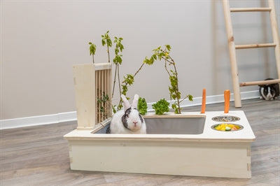 Trixie voederstation met voerbak waterbak hooiruif hout naturel