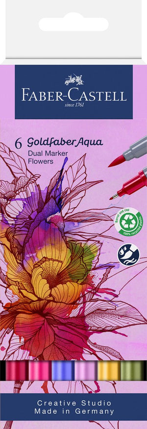 Faber-castell - duo aquarel marker - goldfaber - etui 6 stuks - flowers - brush 0,6mm - fc-164527