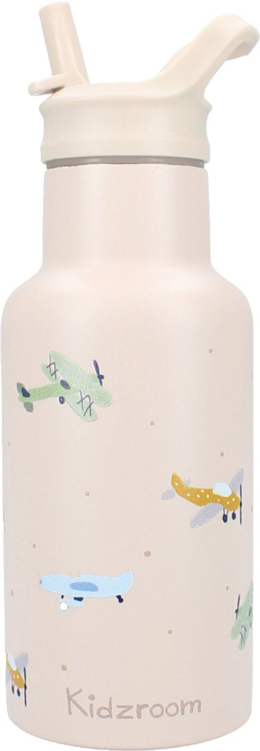 Kidzroom small talk - schoolbeker en drinkfles - 350ml - stainless steel - vliegtuigen - beige