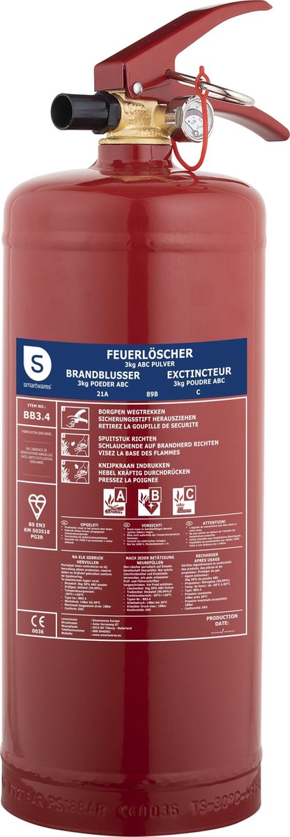 Smartwares fex-15030 - brandblusser poeder 3kg - incl ophangbeugel - brandklasse abc - bsi gecertificeerd