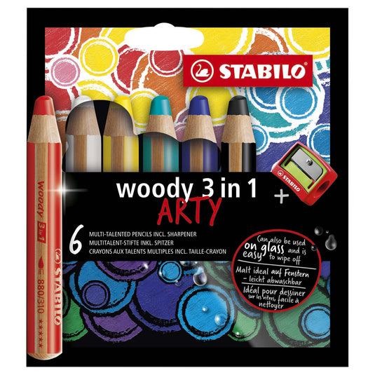 Stabilo woody 3 in 1 - multitalent kleurpotlood - arty - set 6 st. + puntenslijper