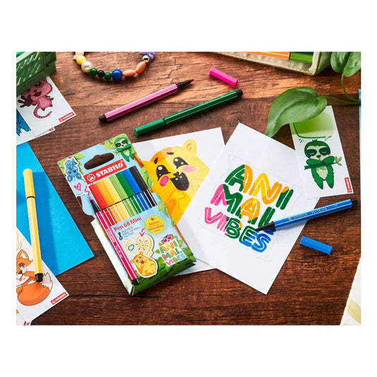 Stabilo pen 68 mini - premium viltstift - animal vibes - etui met 8 kleuren + sticker