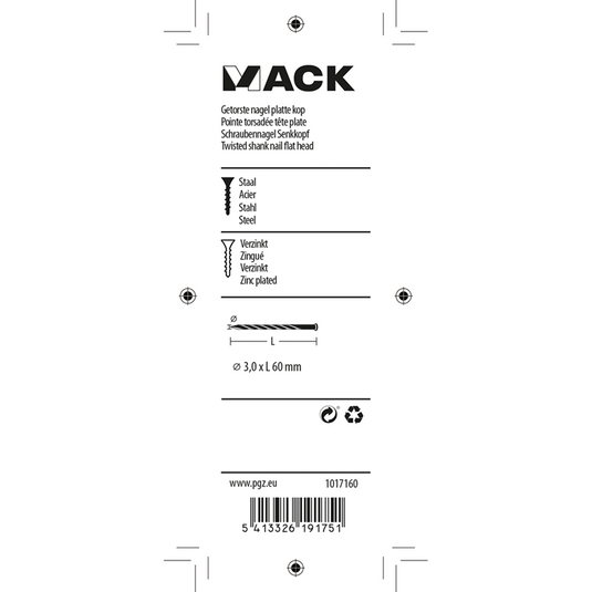 Mack 1017160 - getorste nagel pk verzinkt 135gr 3,0 x 60 mm | 5 stuks