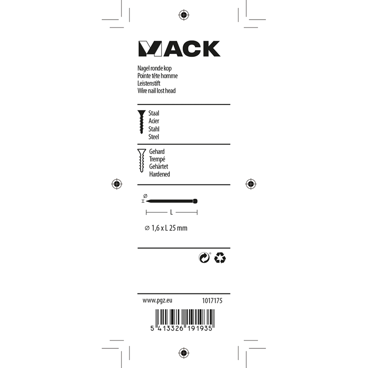 Afbeelding laden in galerijviewer, Mack 1017175 - nagel ronde kop staal gehard 45 gr 1,6 x 25 mm | 10 stuks
