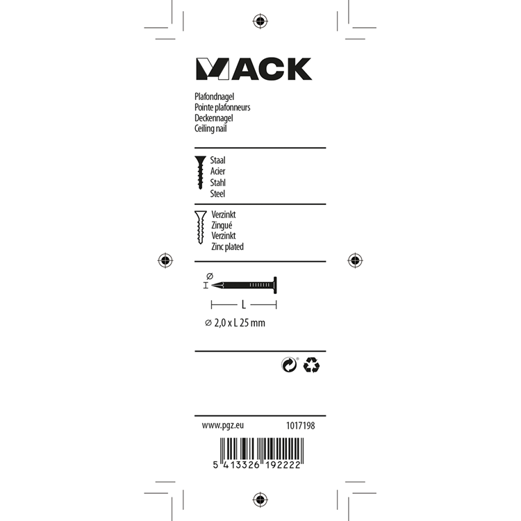 Laden Sie das Bild in Galerie -Viewer, Mack 1017198 - plafondnagel staal verzinkt 90 gr 2,0 x 25 mm | 5 stuks
