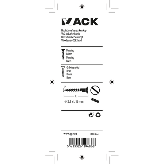 Mack 1019650 - houtschroef verzonken kop messing 12st 3,5 x 16 mm | 10 stuks