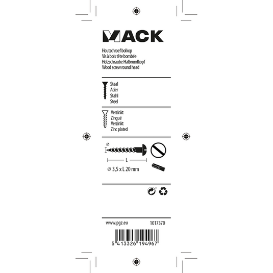 Mack 1017370 - houtschroef bolkop staal verzinkt 19 st 3,5 x 20 mm | 10 stuks
