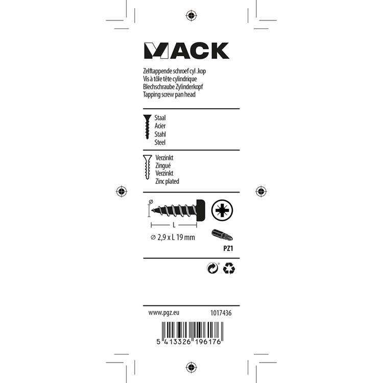 Afbeelding laden in galerijviewer, Mack 1017436 - zelftappende schroef cyl kop verz. 30st 2,9 x 19 mm | 10 stuks
