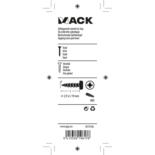 Mack 1017436 - zelftappende schroef cyl kop verz. 30st 2,9 x 19 mm | 10 stuks