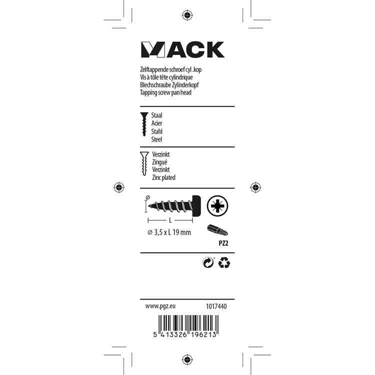 Afbeelding laden in galerijviewer, Mack 1017440 - zelftappende schroef cyl kop verz. 25st 3,5 x 19 mm | 10 stuks
