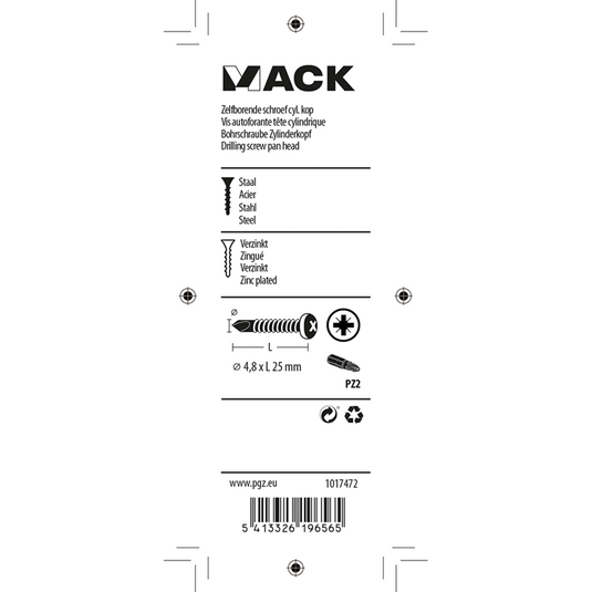 Mack 1017472 - zelfborende schroef cyl. kop verz. 20st 4,8 x 25 mm | 10 stuks