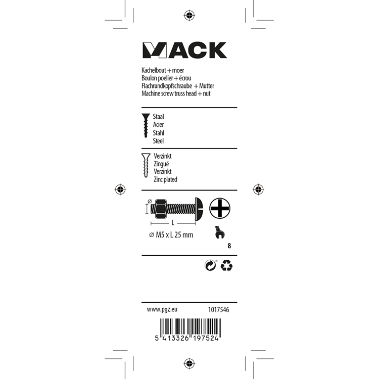 Afbeelding laden in galerijviewer, Mack 1017546 - kachelbout + moer staal verzinkt 14 st m5 x 25 mm | 5 stuks
