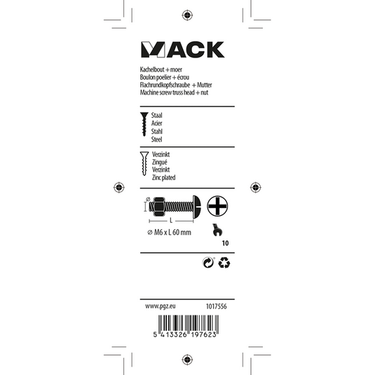 Mack 1017556 - kachelbout + moer staal verzinkt 5 st m6 x 60 mm | 10 stuks