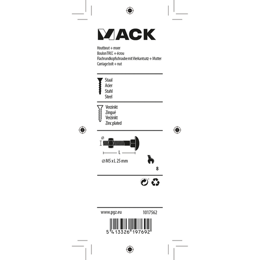 Mack 1017562 - houtbout + moer staal verzinkt12 st m5 x 25 mm | 5 stuks