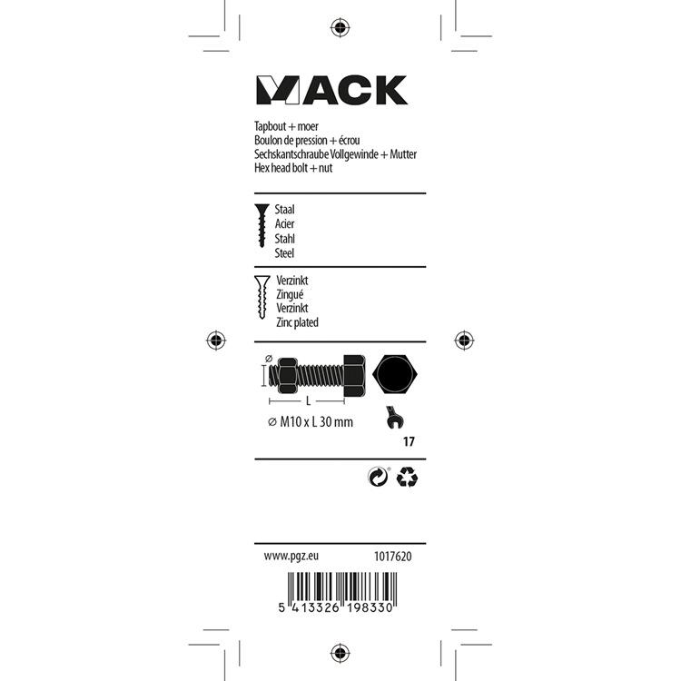 Afbeelding laden in galerijviewer, Mack 1017620 - tapbout + moer staal verzinkt 3 st m10 x 30 mm | 5 stuks
