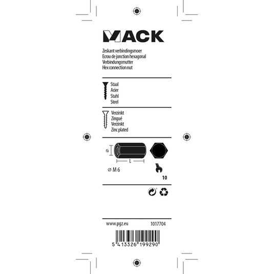 Mack 1017704 - zeskant verbindingsmoer verzinkt 3 st m6 | 10 stuks
