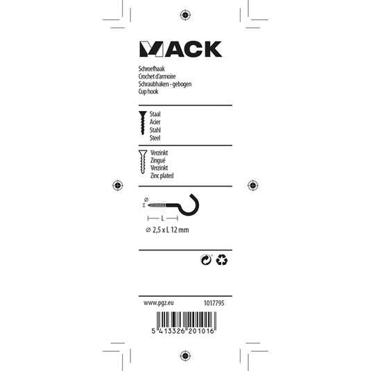 Mack 1017795 - schroefhaak staal verzinkt 18st 2,5 x 12 mm | 10 stuks