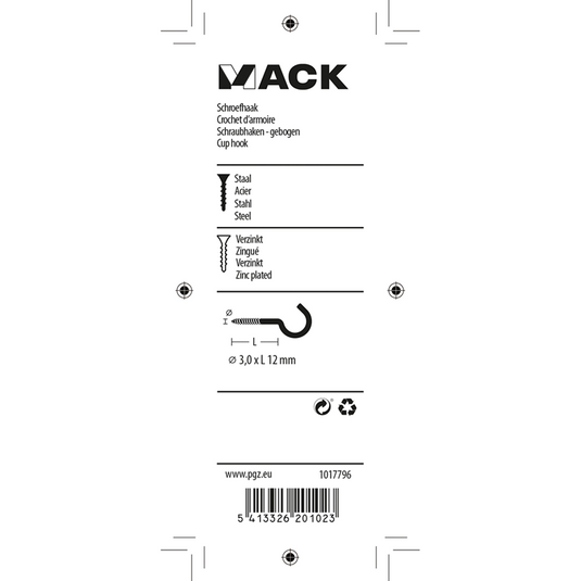 Mack 1017796 - schroefhaak staal verzinkt 15 st 3,0 x 12 mm | 10 stuks