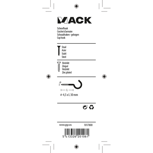 Mack 1017800 - schroefhaak staal verzinkt 6st 4,5 x 30 mm | 10 stuks