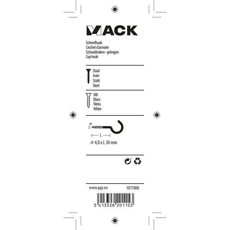 Afbeelding laden in galerijviewer, Mack 1017808 - schroefhaak staal wit 4 st 4,0 x 30 mm | 10 stuks
