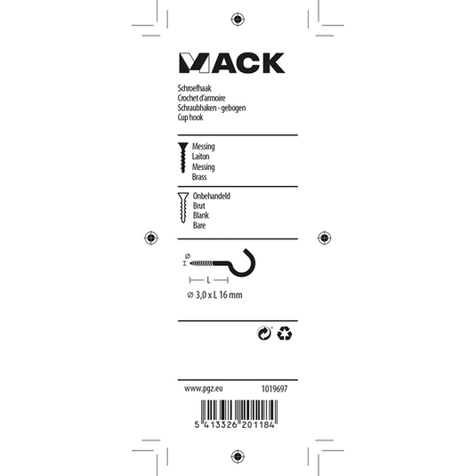 Mack 1019697 - schroefhaak messing 4 st 3,0 x 16mm | 10 stuks